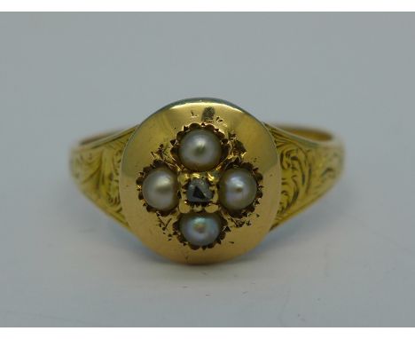 An 18ct gold, pearl and diamond ring, with inscription dated 1879, 2.6g, Q