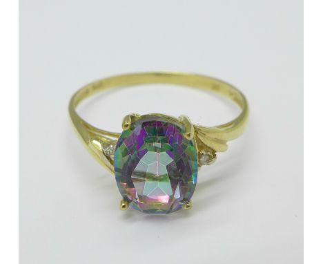 A 9ct gold, mystic topaz and diamond ring, 1.2g, O