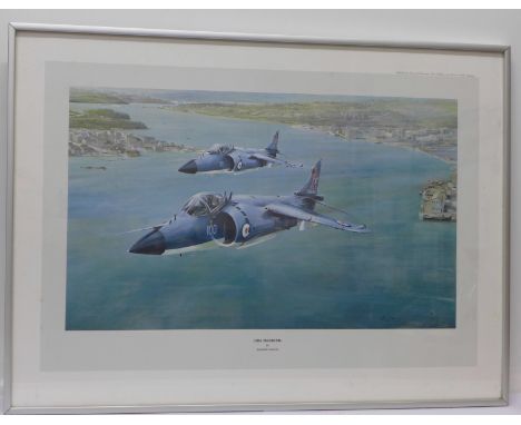 A framed Robert Taylor aircraft print of Sea Harriers