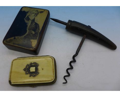 A horn handled corkscrew, a/f, purse and snuff box