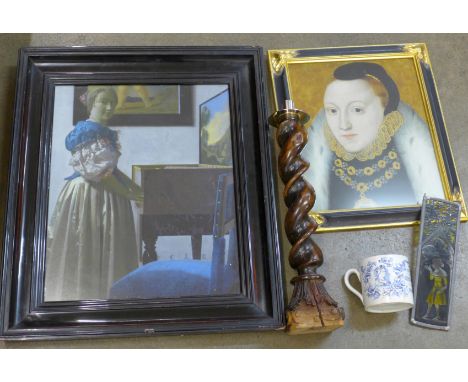 A framed oleograph of Queen Elizabeth I, a framed Vermeer print, a Flemish barleytwist candlestick with white metal top, a Qu