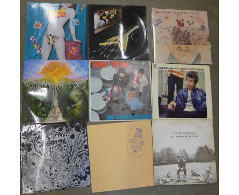 Nine LP records, George Harrison, The Who, Cream, Bob Dylan, The Moody Blues, Rolling Stones, John Lennon and Wishbone Ash