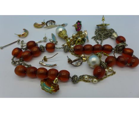 Jewellery including a pair of yellow metal earrings, a silver and pearl necklace and other jewellery