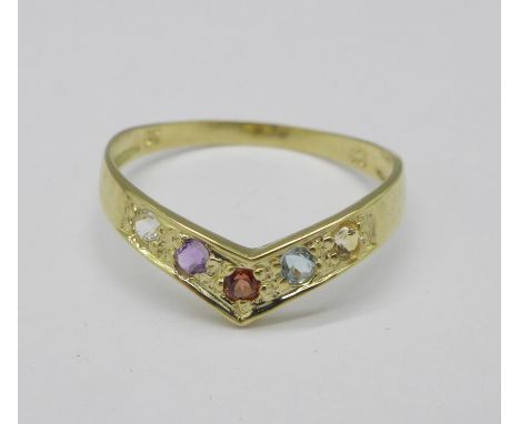 A 9ct gold and gem set ring, 1g, N