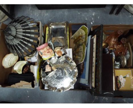 Three boxes to include a mixed selection of household items to include a glass ceiling light, jewellery box, dressing table s