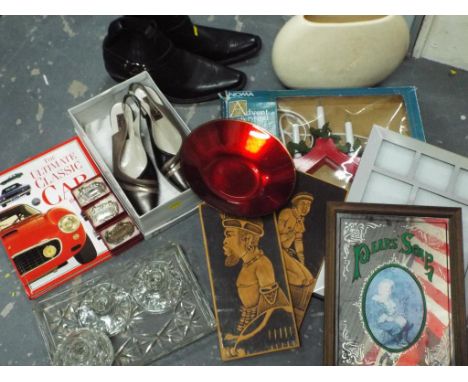 A mixed lot to include a pair of men's leather cowboy boots, size 12, a Pears Soap advertising mirror, three silver plated dr