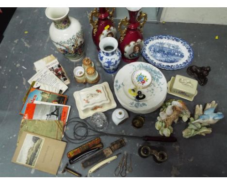 A good mixed lot to include ceramic tableware and vases, a Lurpack butter dish, a carpet beater, brass and leather opera glas