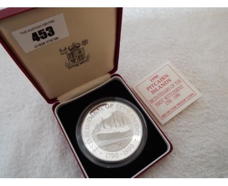 1990 Pitcairn Islands Bicentenary of the First Settlement 1790-1990, $50 Silver Proof Coin, .999 fine silver, 155.6 gm, in pr