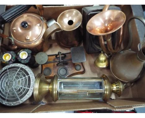 A good mixed lot to include a set of desk scales, pair of candlesticks, a good quality brass lantern, plated ware, copper ket