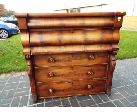 A mahogany chest of 5 drawers with mother of pearl inlaid handles. 114 cm x 120 cm x 55 cm