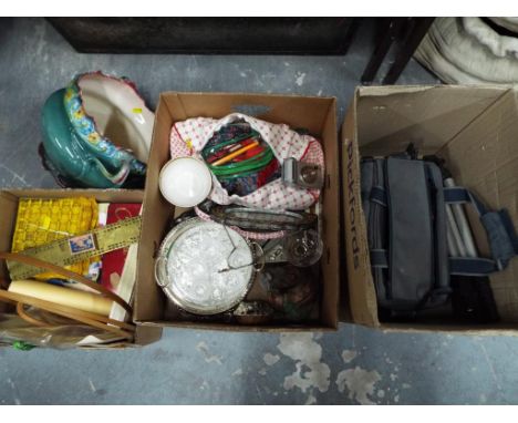 A mixed lot to include vintage sewing equipment, bag of fabric, brass cribbage board, Olympus digital camera, a Praktica elec
