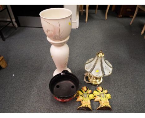 A good mixed lot to include a touch lamp with glass shade, a West German jardiniere and stand, two cast iron doorstops in the