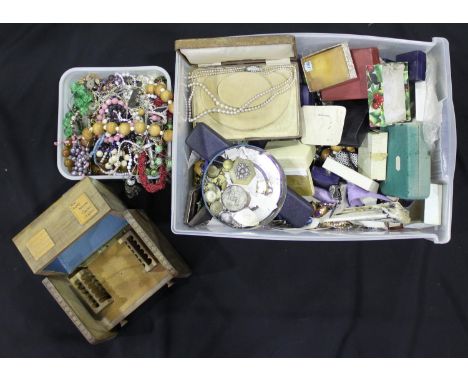 A quantity of costume jewellery including pearl necklaces, bracelets, necklaces, buckles and a cigarette box etc. 