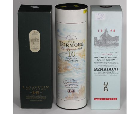 A 75cl bottle of Lagavulin Single Islay Malt Whisky, Aged 16 Years, (boxed), 1 litre bottle of Benriach Pure Highland Scotch 