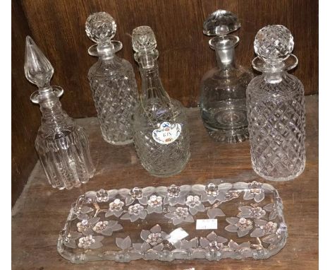 SECTION 36.  Five various cut-glass decanters and a porcelain 'Gin' bottle ticket, together with a press-moulded rectangular 