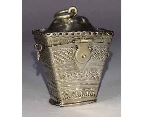 An unusual 19th century Dutch silver sewing case in the form of a tapering, rectangular box, the hinged lid enclosing a thimb