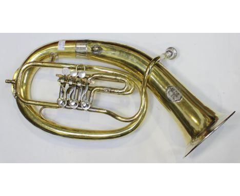 An early 20th century Bohemian style brass baritone horn, with rotary valves and original mouthpiece, Engraved plaque to bell