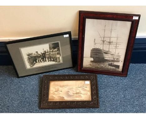 A black and white print of HMS Victory, 39x28cm, a  photo of 'The First Indian Party from the BEF sightseeing in London with 