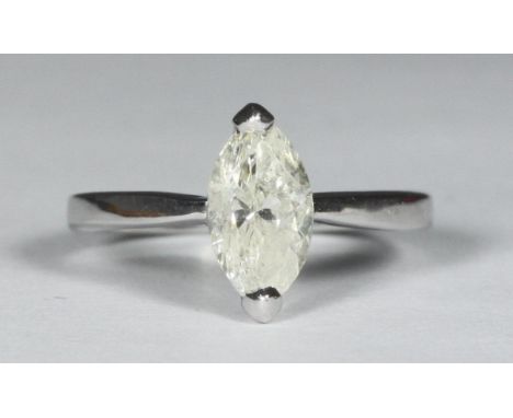 An 18ct white gold solitaire diamond ring, end claw-set with a marquise diamond weighing 1.05 carats, total weight of ring 2.