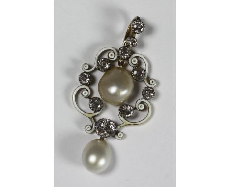 A diamond set pendant with two pearl drops, circa 1880 (af) 