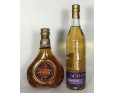 A bottle of Macallan 18yr 'Alchemist' Speyside Single Malt Whisky, in original tin tube, together with a bottle of Johnnie Wa