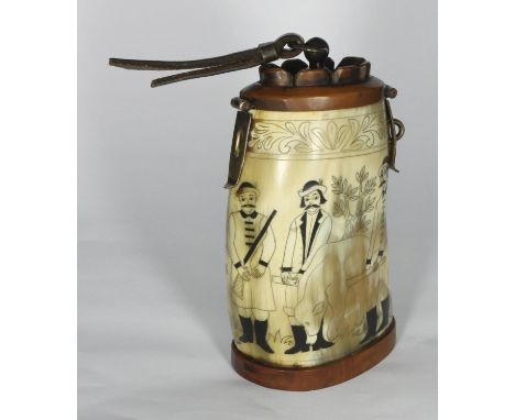 A 20th century horn scrimshaw modelled as an ornamental powder-flask with hinged lid and the sides decorated with a hunting s