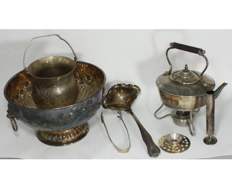 A silver-plated punch bowl with lion's mask ring handles, 26cm diam, together with a spirit kettle etc. 