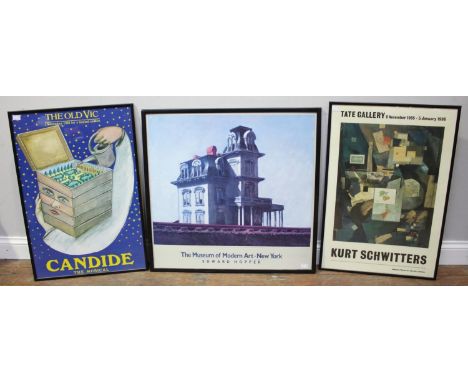 Three original framed posters, 'The Old Vic, Candide The Musical,' 'Edward Hopper at Museum of Modern Art, New York,' and 'Ku