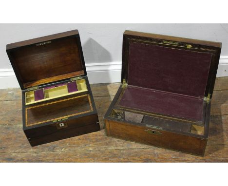 A rosewood marquetry and mother-of-pearl inlaid writing slope with fold-out velvet lined scribe, 30x23cm, together with a met
