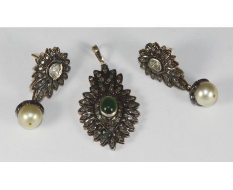 An associated pair of antique diamond and natural pearl earrings, and a diamond and emerald pendant, possible converted from 