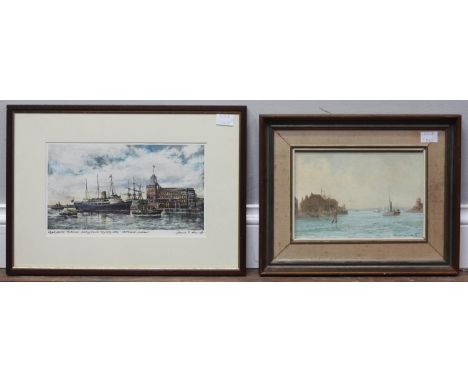 Rex Phillips (1931-2015) 'HMS Porpoise enters Portsmouth Harbour', signed, dated to verso 'May '83', oil on board, 16 x 23cm,