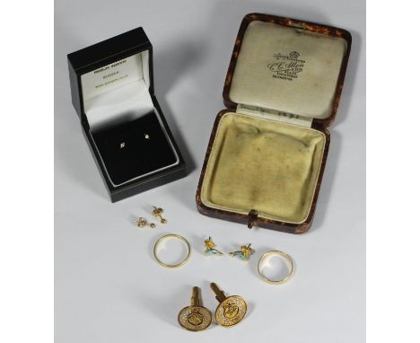 A pair of Chinese 14k gold pierced circular cufflinks, 6.4g, together with an 18ct gold wedding ring and two pairs of stud ea