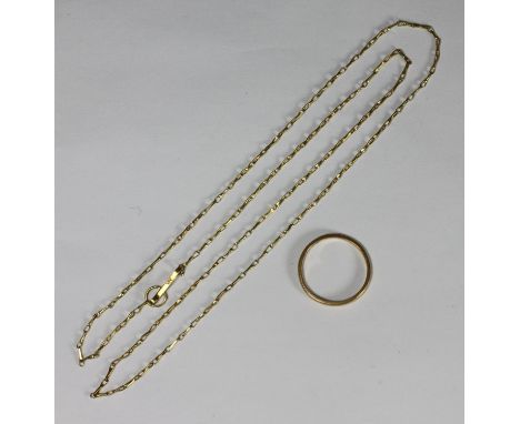 An 18ct gold fine necklace chain, 3.0g, together with a 22ct gold wedding ring, 2.3g 