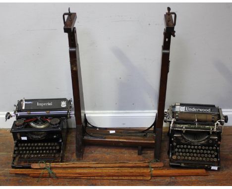 A 19th century stained pine adjustable tapestry frame/ stand, with metal fittings, together with an Imperial typewriter and U