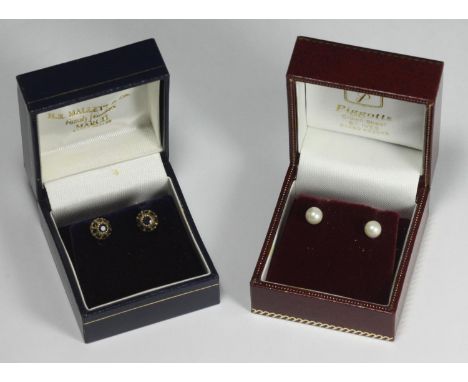 A pair of 18ct gold and pearl earrings, together with a pair of 9ct gold and sapphire stud earrings (2) 