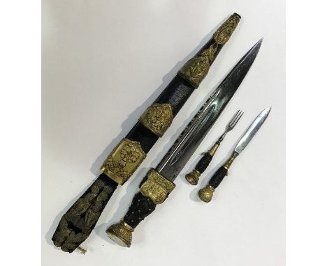 A Scottish/ Highland Dirk, with 27cm blade with single edge and short fuller, fitted en suite knife and fork, all with brass 