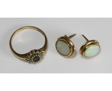 A pair of 9ct gold opal earrings and a 9ct gold ring, gross weight approximately 4.8g 