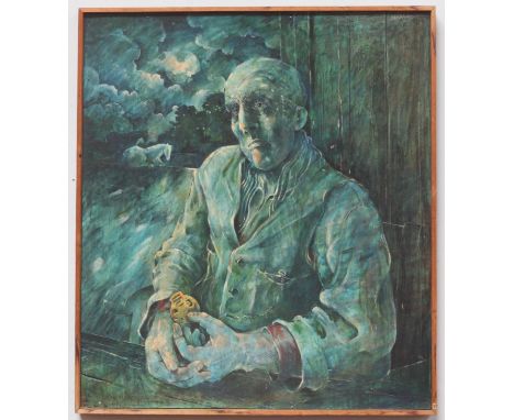 Tim Sainsbury (Contemporary) 'Horse Magic', half-length portrait study of a seated man holding a horse brass, signed, oil on 