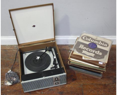 A Marconiphone electric record player, with variable speed selector for 16, 33, 45 and 78 RPM, together with a quantity of cl