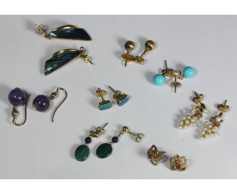 Eight various pairs of 9ct gold earrings, including pearl, turquoise, etc. 