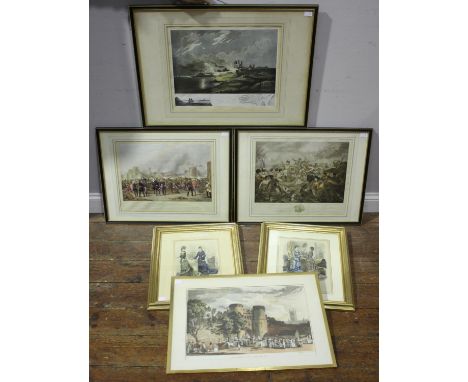 A pair of hand-coloured French fashion prints, in gilt frames, together with three military prints and another of St George's