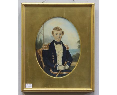 19th Century English School.  Half-length oval seated portrait of a Royal Navy officer, holding a telescope in his right hand