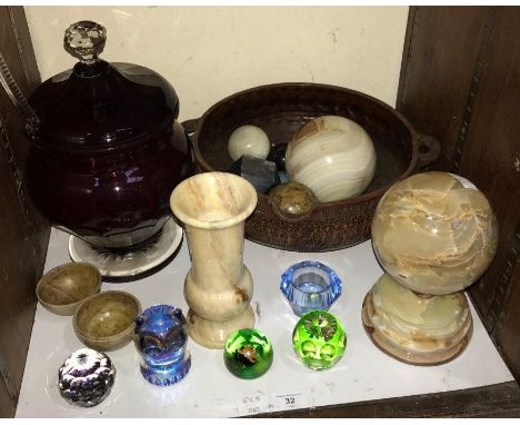 SECTION 32.  A ruby glass stemmed vase and cover, together with a quantity of alabaster items and glass paperweights etc. 