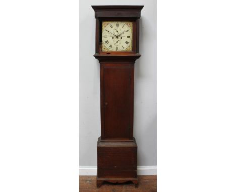 A longcase clock by Plowman of Chichester, 8-day movement with subsidiary seconds dial and calendar dial, the hood with shape