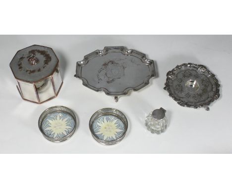 A small collection of assorted silver-plated items including a tea caddy of octagonal form and plain design, a pair of small 