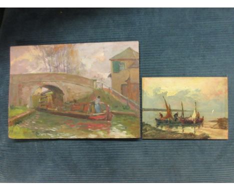 Violet McDougall, oil on panel, barge on a canal (label verso), 14ins x 10ins, together with an oil on board, Continental fis
