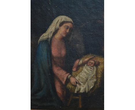 19th Century oil on canvas laid on panel, portrait of the Madonna with the infant Christ, 9ins x 6ins 