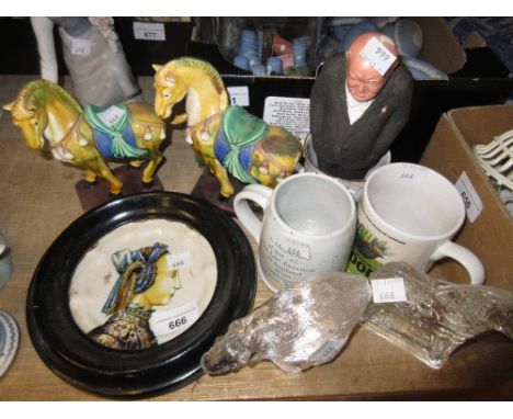Pair of small 20th Century Tang style horses, composition figure of Churchill, three various mugs and a French Faience dish p