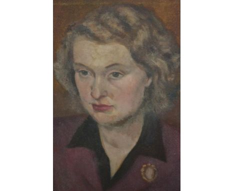 Two unframed Bloomsbury Group style oils, portrait of a lady in a blue and black jacket, and portrait of a lady in a red top,
