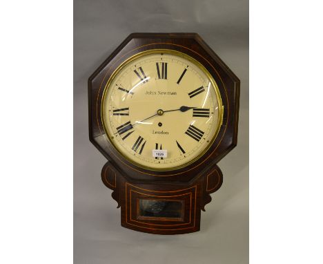 19th Century rosewood boxwood line inlaid octagonal drop dial wall clock, the painted 12in dial with Roman numerals, signed J